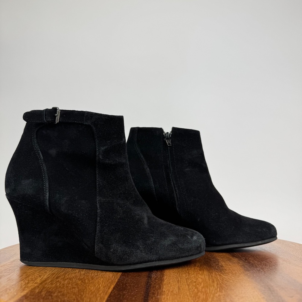 Womens Lanvin Taupe Black Suede Buckle Zip Wedge Ankle Boots Booties Size 37.5